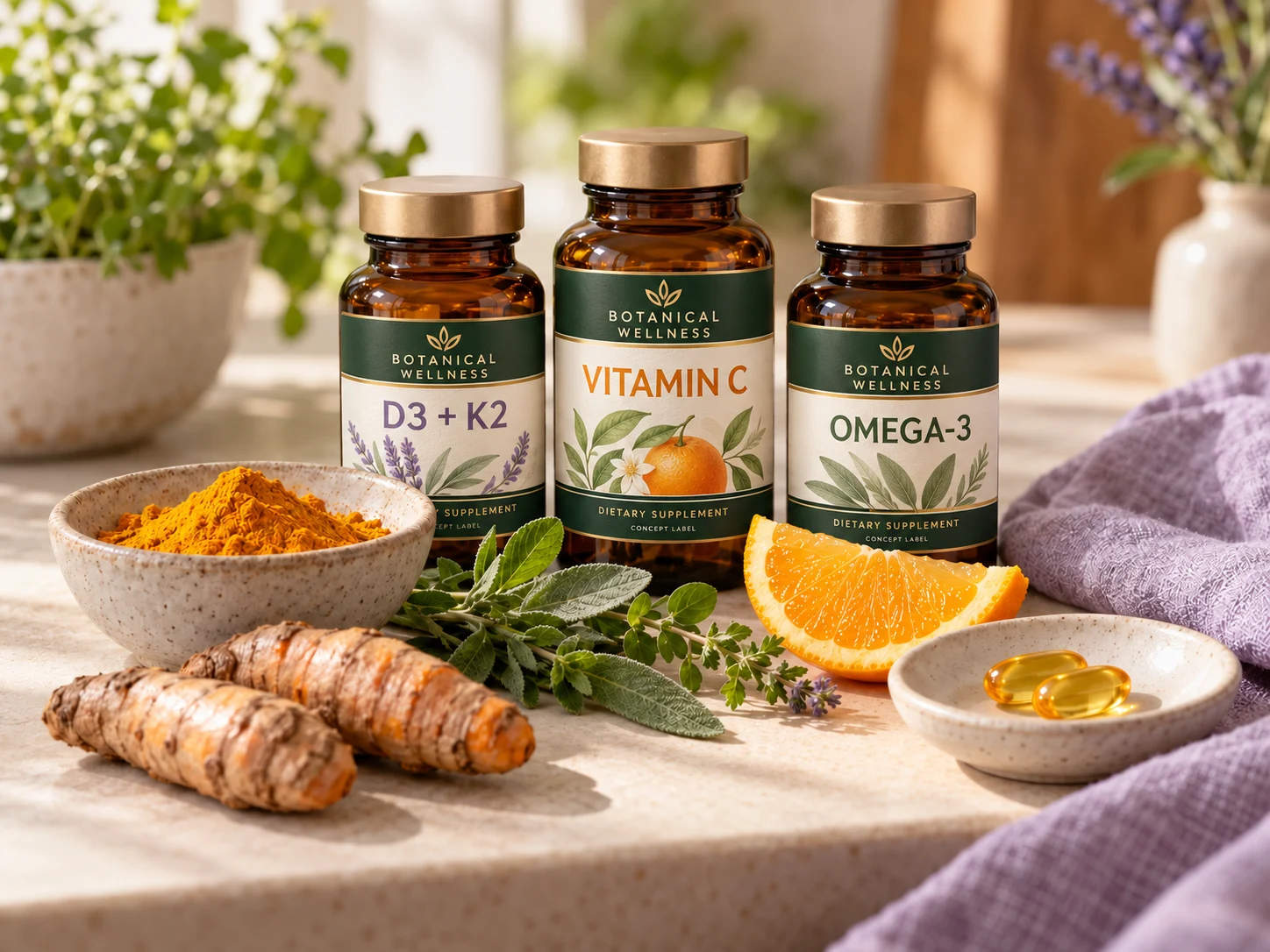 Illustrative bottles of vitamin D3 plus K2, vitamin C and omega-3, with herbs and turmeric