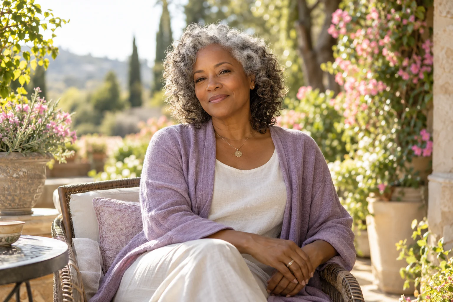Mature woman in a lilac cardigan enjoying a peaceful sunlit garden terrace