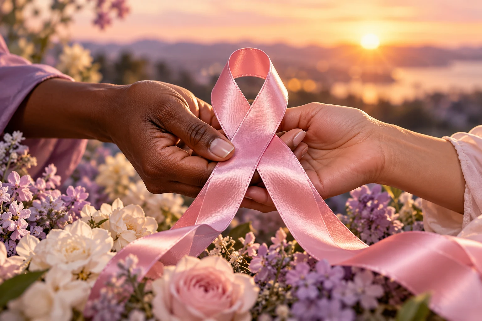 Original illustration of two women's hands gently holding a pink awareness ribbon among flowers at sunrise