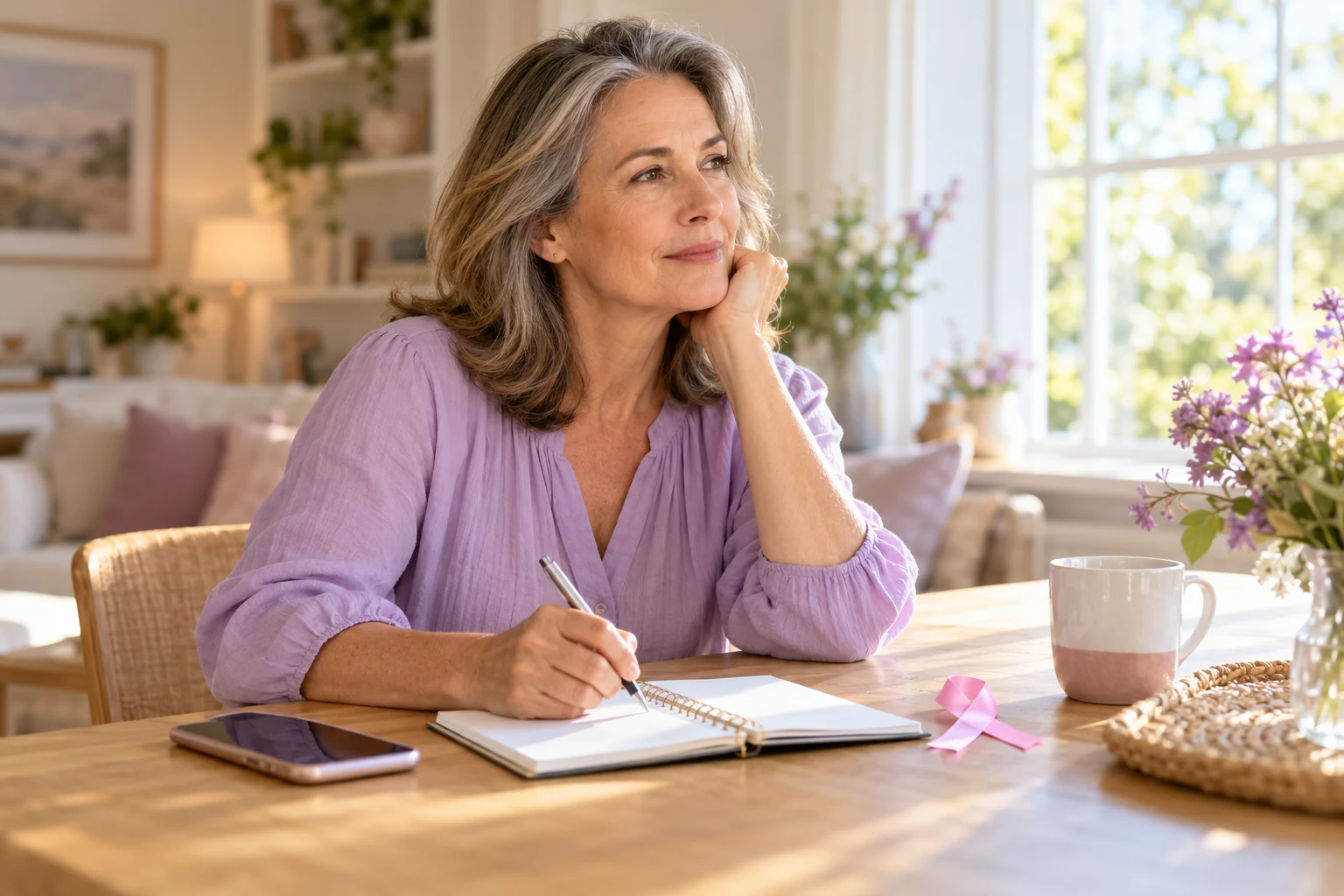 Woman in a lilac blouse preparing questions in a notebook beside a phone and pink breast cancer awareness ribbon.