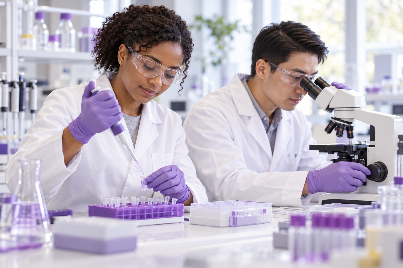Two researchers in protective eyewear and purple gloves working with a pipette and microscope in a laboratory.