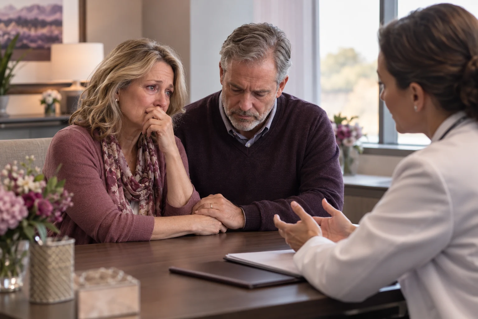 Illustration of a distressed Caucasian couple holding hands while speaking with an oncologist about cancer recurrence.