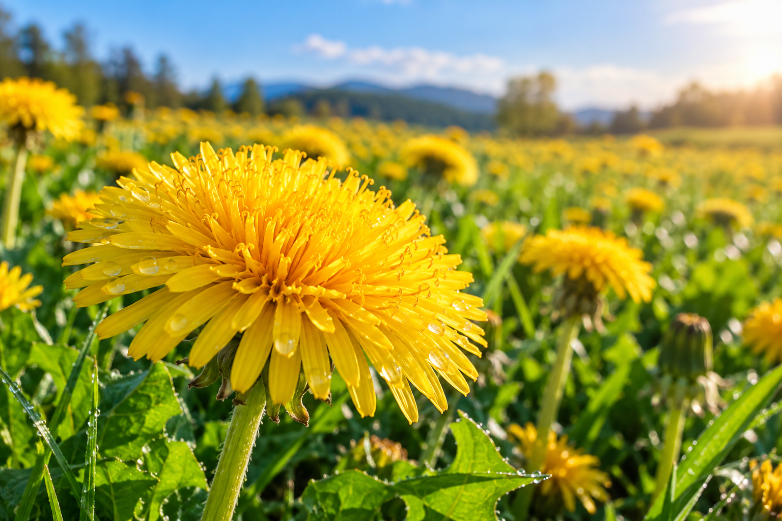 Close-up of a golden-yellow dandelion with dew droplets, with a sunlit field of dandelions in the background.