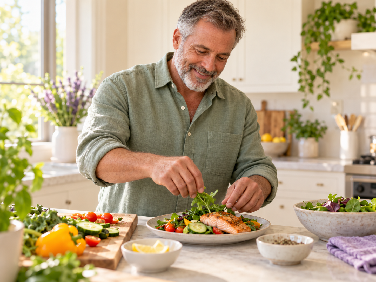 Diabetes Coaching — Everyday Healthy Habits Man preparing a meal with salmon and fresh vegetables in a bright kitchen
