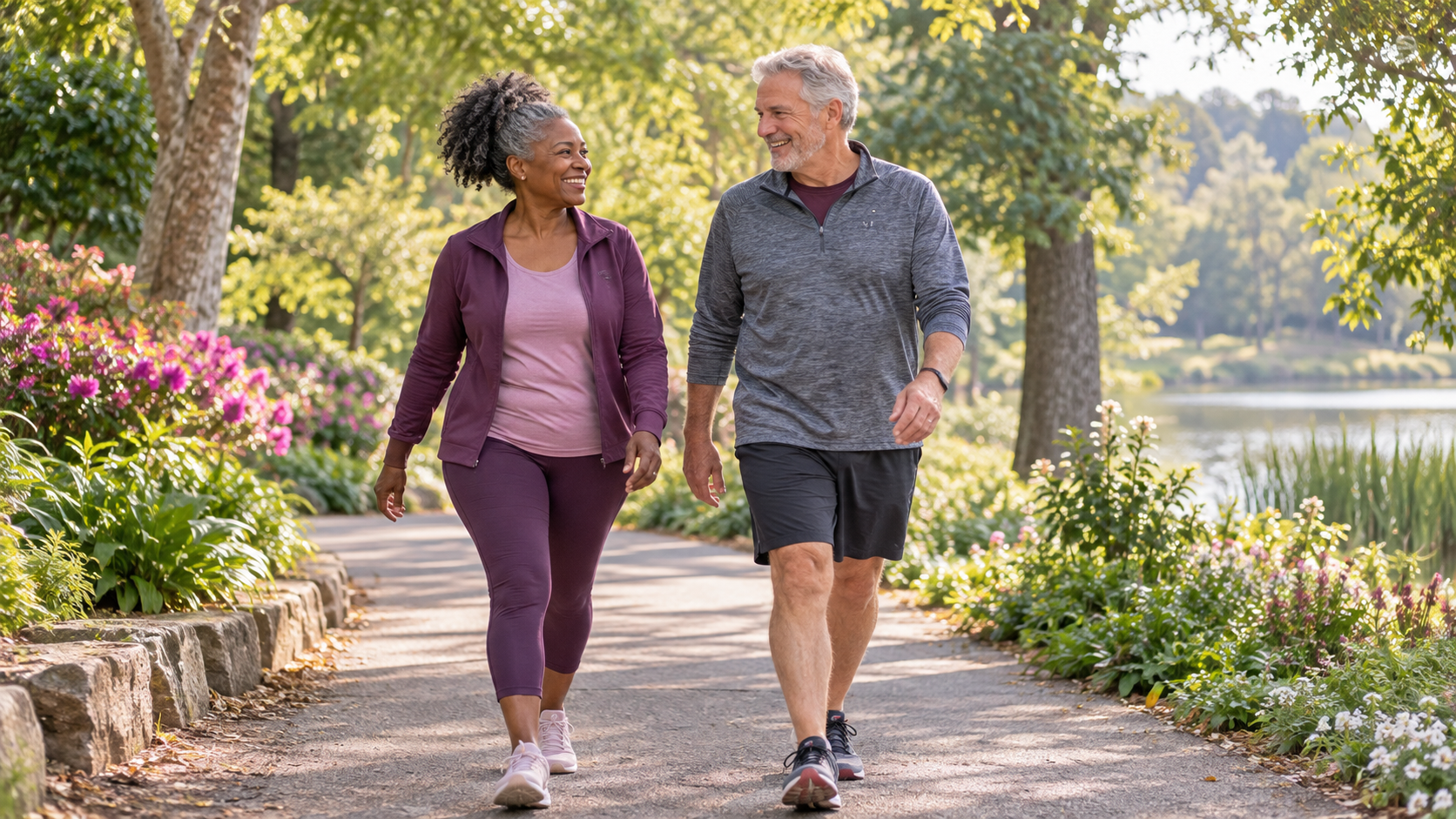 Two older adults walking together on a sunlit park path.