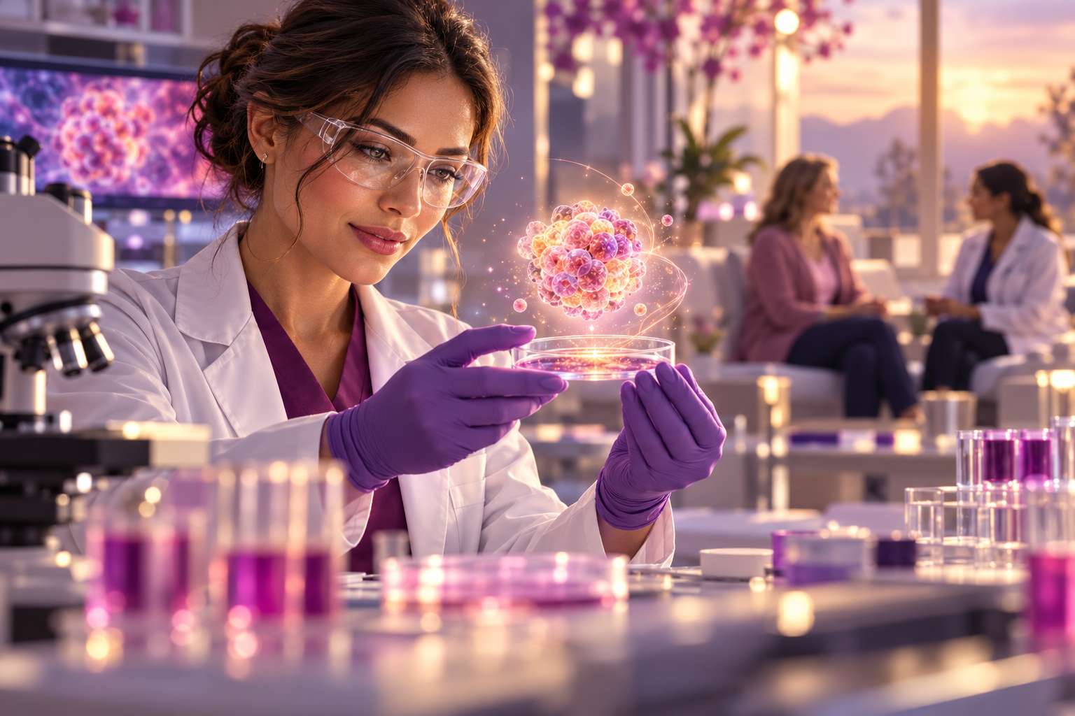 Conceptual illustration of a researcher studying insulin-producing cells, with a patient and clinician in the background