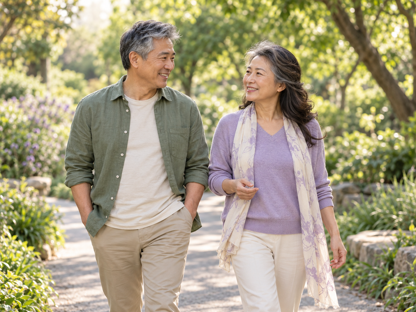 General Wellness Coaching — Everyday Wellbeing Mature couple enjoying a relaxed walk together on a green park path