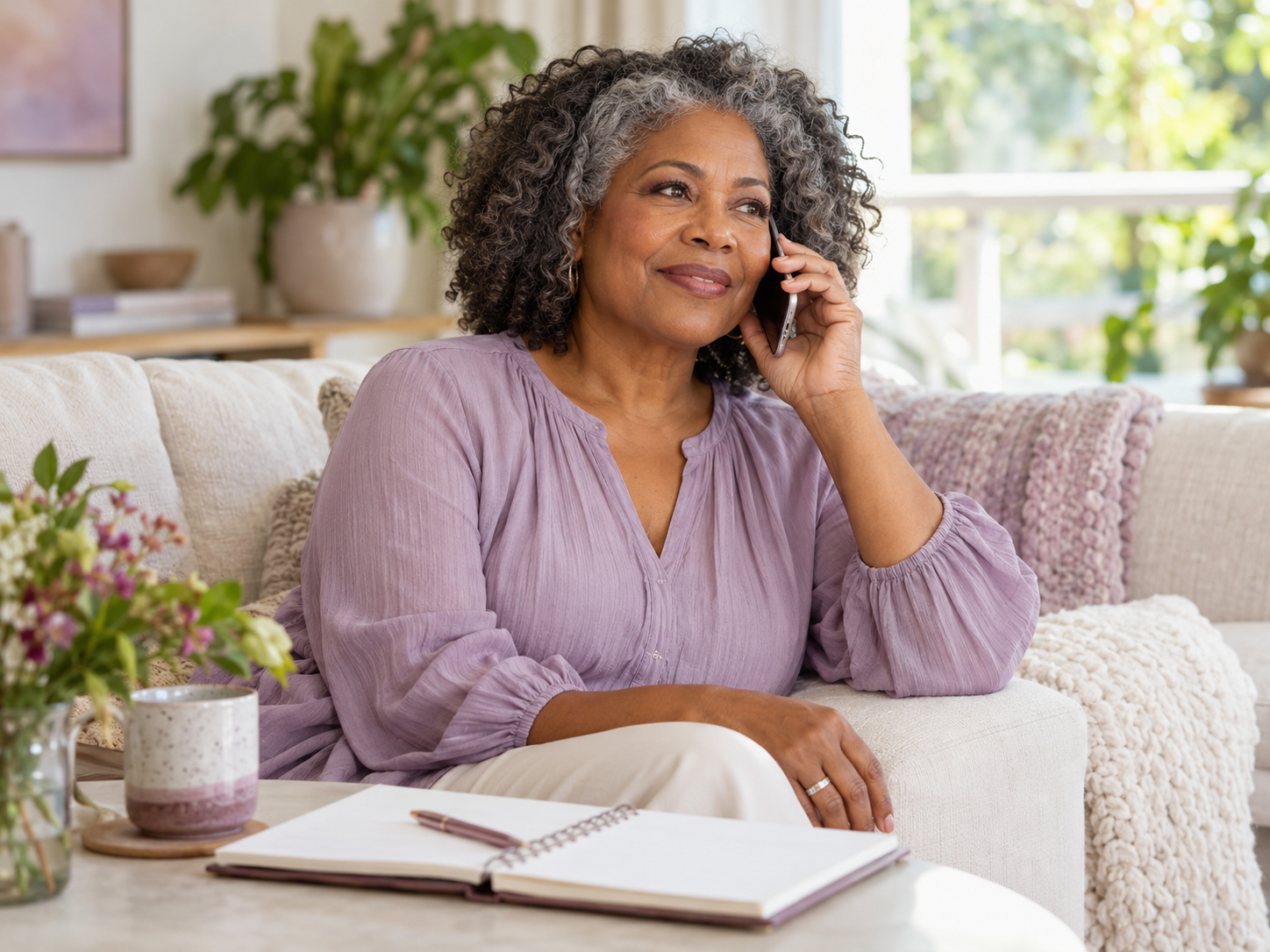 Cancer Coaching — Supportive Phone Consultation Woman speaking on the phone at home with an open notebook nearby