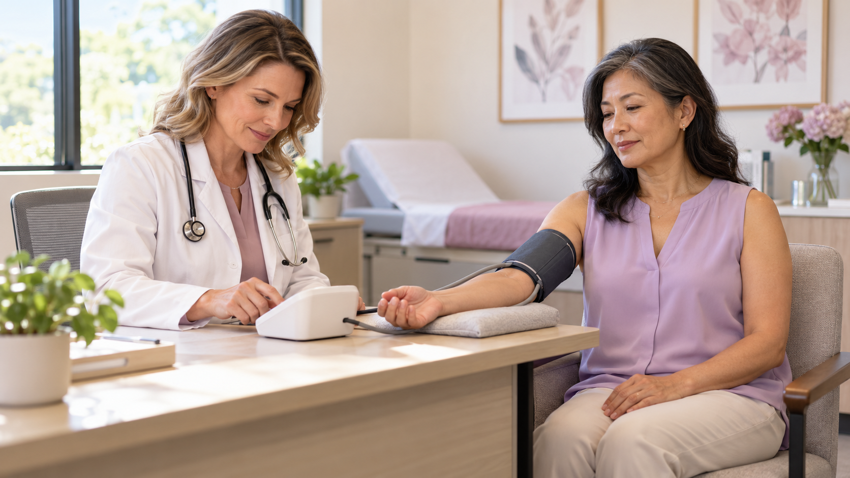 A Caucasian female doctor measures an Asian female patient’s blood pressure in a welcoming clinic. AI-generated illustration.
