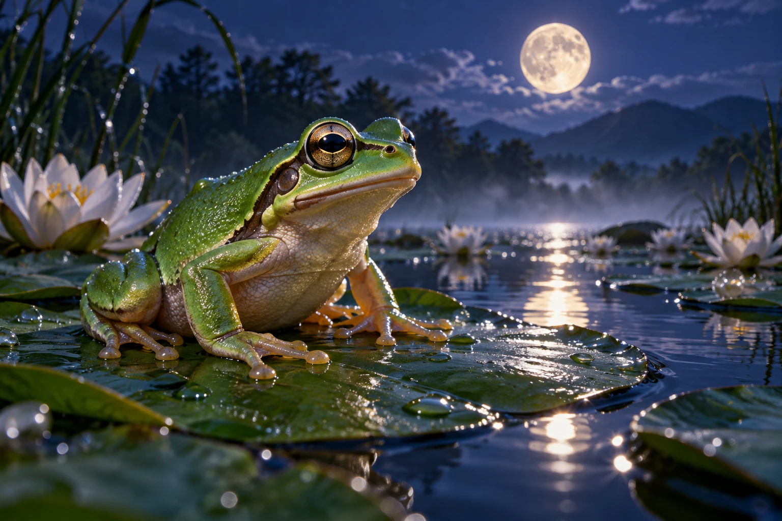 Lifelike green tree frog on a lily pad beneath a bright moon reflected across a nighttime pond
