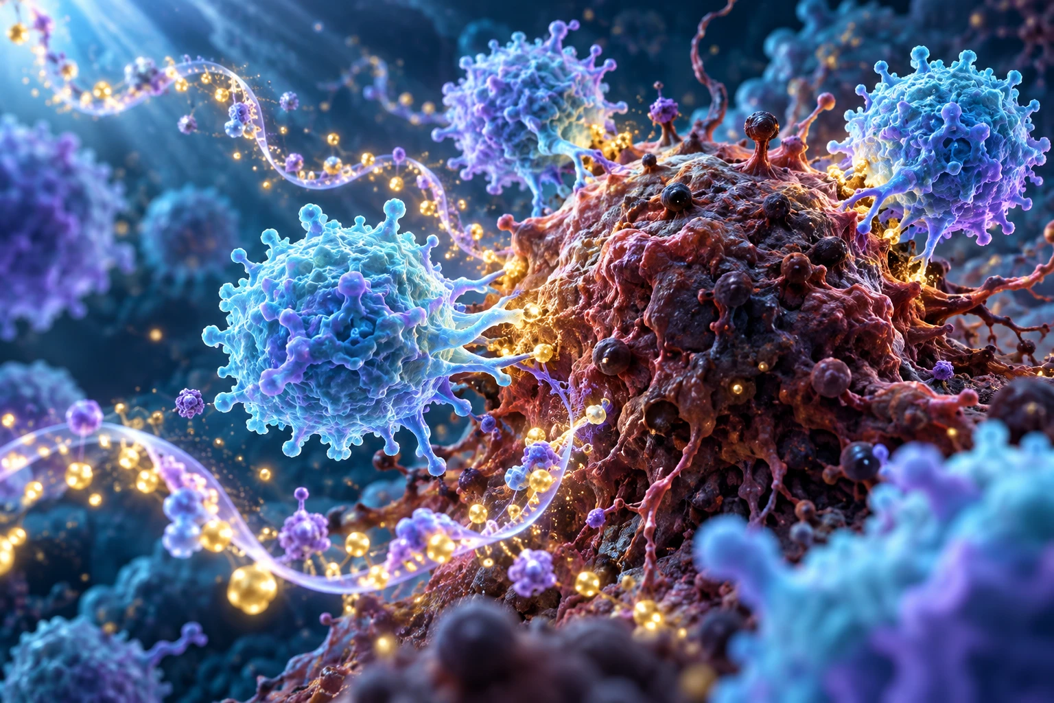 Conceptual 3D illustration of immune cells, a melanoma cell, and a glowing mRNA strand