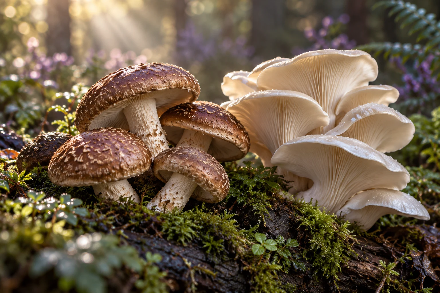 AI-generated illustration of shiitake and oyster mushrooms in warm woodland light, accompanying commentary on fungal beta-glucan research.
