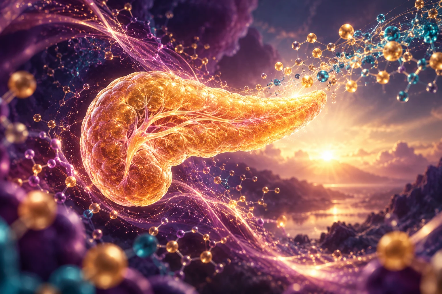 Original conceptual illustration of a glowing pancreas surrounded by molecular lights against a purple and gold background