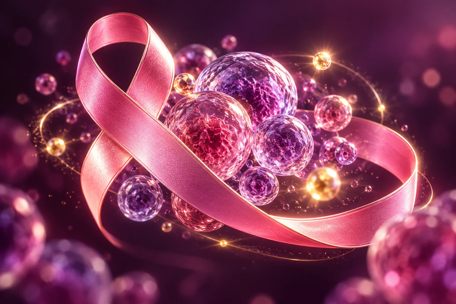 Original conceptual pink ribbon surrounding translucent rose and purple cell-like spheres with golden light